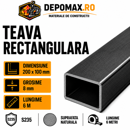 Teava rectangulara 200 x 100 x 8 mm, 6 metri